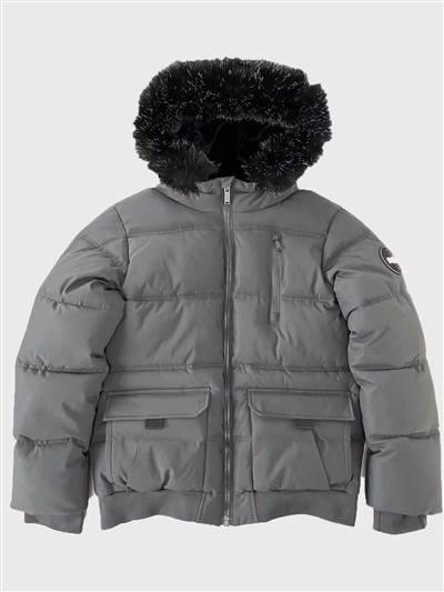Chaqueta acolchada con capucha de piel sintética